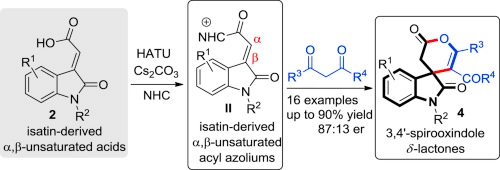 N-heterocyclic carbene-mediated formal [3+3] annulation of isatin-derived α, β-unsaturated acids: Access to functionalized 3,4′-spirooxindole δ-lactones