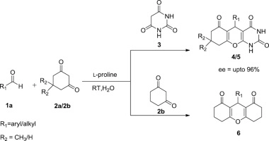 l-proline as an efficient asymmetric induction catalyst in the synthesis of chromeno[2,3-d]pyrimidine-triones, xanthenes in water