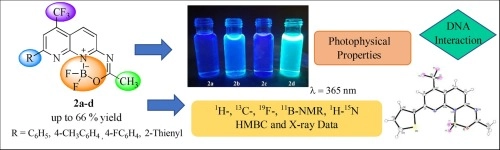 Multinuclear NMR spectroscopy, photophysical, electrochemical and DNA-binding properties of fluorinated 1,8-naphthyridine-based boron heterocycles