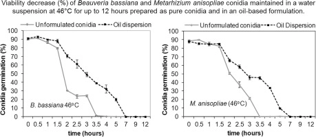 Increased tolerance of Beauveria bassiana and Metarhizium anisopliae conidia to high temperature provided by oil-based formulations