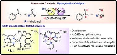 Dual cobalt-copper light-driven catalytic reduction of aldehydes and aromatic ketones in aqueous media